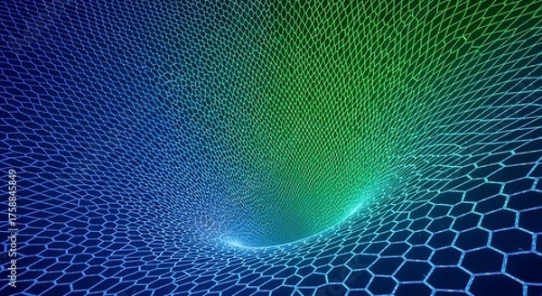 Fototapeta Abstract blue and green hexagonal grid tunnel