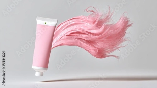 Fototapeta A tube of pink hair product is being blown out of the tube, creating a pink cloud of hair. The tube is pink and the hair is also pink, giving the impression of a fun and playful moment