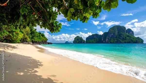 Fototapeta Stunning beach scene with vibrant turquoise water and green foliage