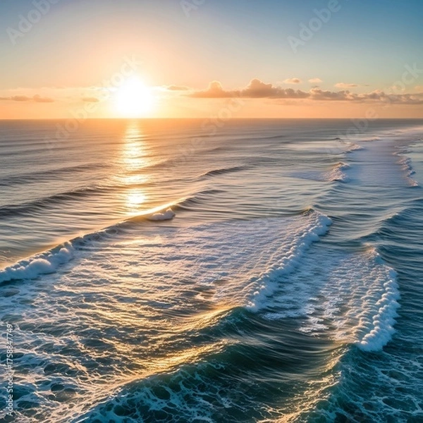 Fototapeta Sunrise over the ocean, showcasing rhythmic waves and golden light reflecting on the water's surface.