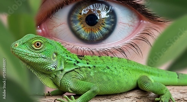 Fototapeta A vibrant green lizard rests near a human eye, showcasing a captivating blend of nature and the human form.