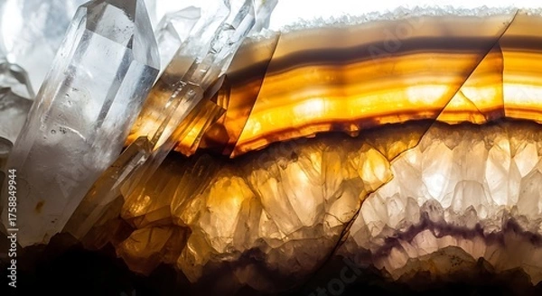 Fototapeta Backlit agate slice with warm orange and purple bands