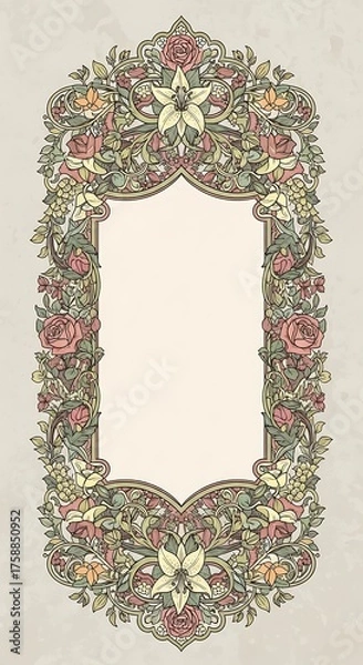 Fototapeta Ornate floral frame in pastel colors, creating a vintage aesthetic, with detailed roses and lilies, set on a textured background.
