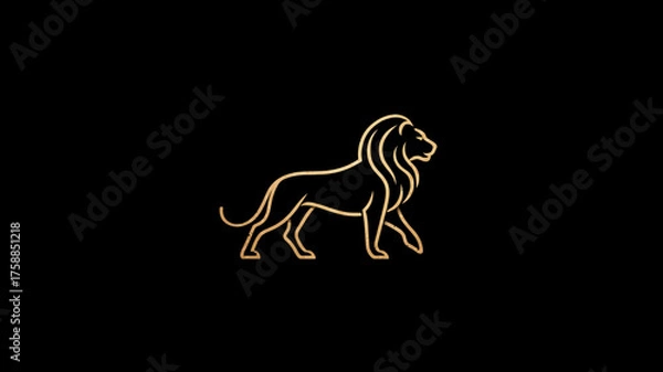 Fototapeta Golden minimalist outline of a majestic walking lion on a black background. Elegant graphic symbol of strength, power, and luxury.