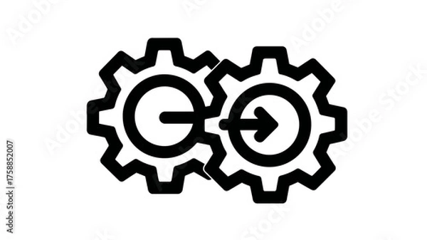 Fototapeta Two interlocking gears icon with an arrow, representing process, workflow, engineering, system integration, settings, and cooperation concept.