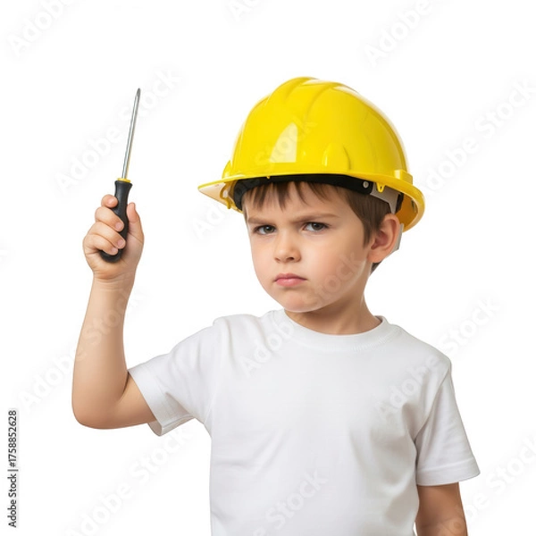 Obraz Illustration of angry boy in yellow hard hat holding screwdriver up isolated on transparent background