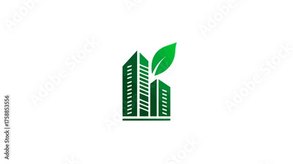 Fototapeta Green city buildings and leaf icon symbolizing sustainable urban development, eco-friendly architecture, and environmental business concept.