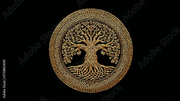 Obraz Golden Tree of Life symbol with intricate Celtic knot design on black background. Ancient spiritual emblem of growth and wisdom.