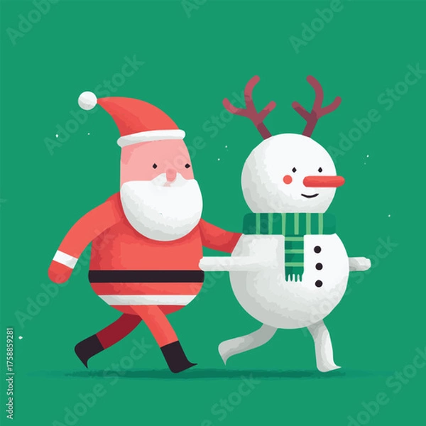 Obraz Christmas cartoon characters walking together, fun modern art mascot illustration with santa, snowman reindeer