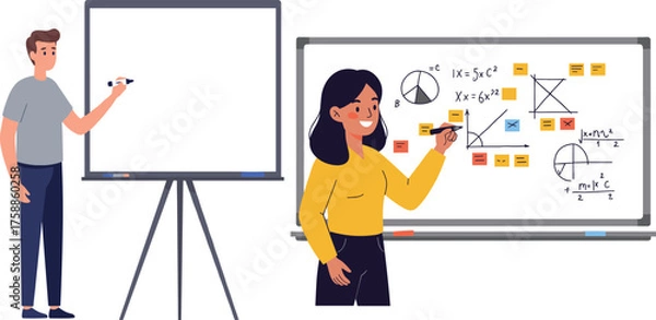 Obraz Teacher explaining mathematics and geometry formulas on whiteboard while student writing on blank board in classroom