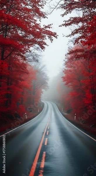 Fototapeta A winding road through a misty forest, framed by vibrant crimson trees, evokes a sense of mystery and solitude.
