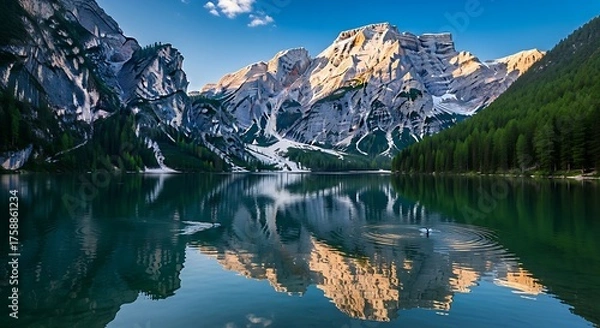 Fototapeta Serene mountain lake reflecting a serene mountain landscape under a brilliant sky.  A calm body of water mirrors the majestic peaks and lush forest around a still mountain lake.
