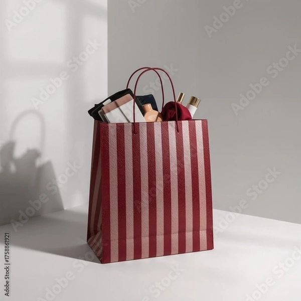 Obraz Illustration of shopping bag with cosmetics and accessories on white background in studio