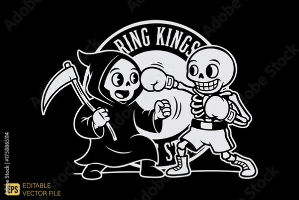 Fototapeta Grim Reaper and Skeleton Boxing Match Cartoon Illustration.