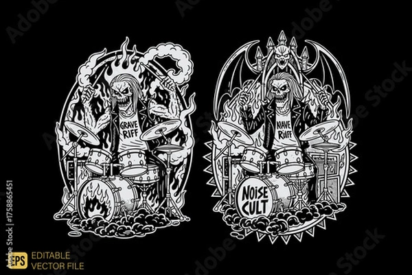 Fototapeta Two detailed monochrome illustrations of skeletal drummers in a