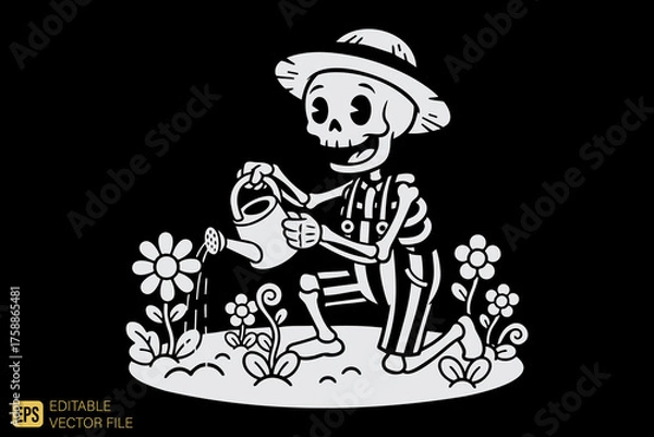Fototapeta Happy Skeleton Gardener Watering Flowers in a Garden.