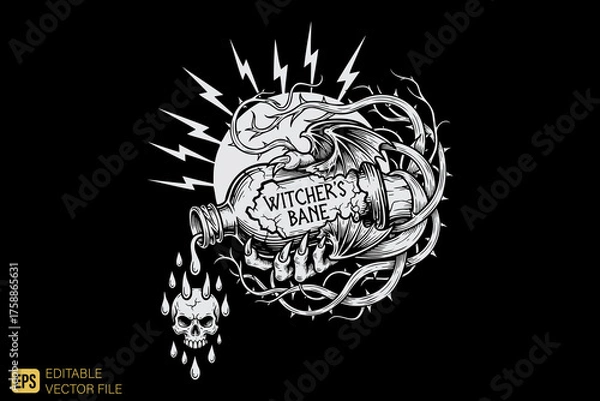 Fototapeta Witchers Bane Potion Bottle with Skull and Lightning.