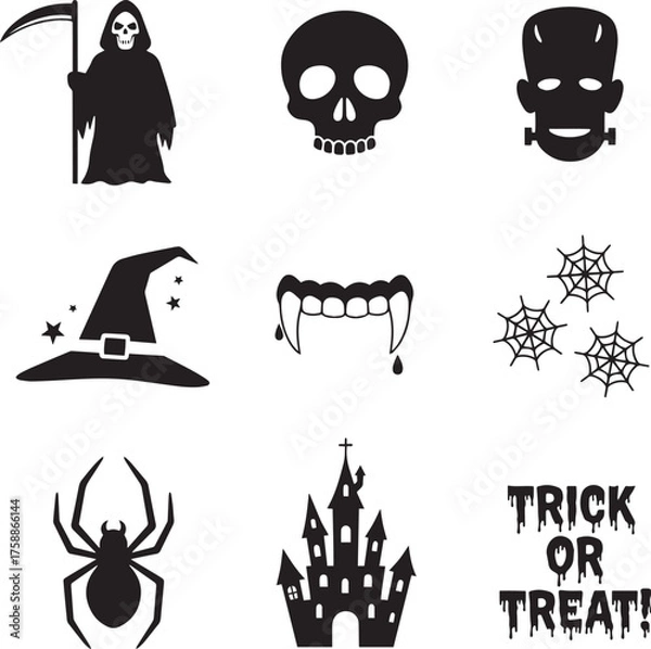 Fototapeta Horror and Halloween Monsters Black Silhouette Icons: Spooky Character Vector Set