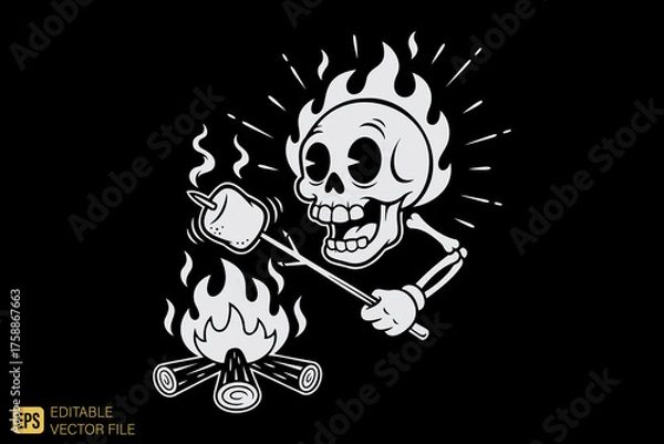 Fototapeta Flaming Skull Roasting Marshmallow Over Campfire Cartoon Illustr