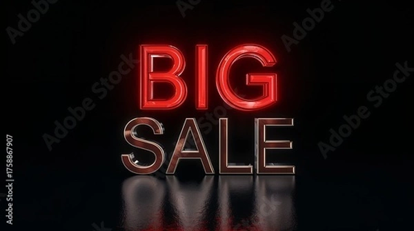 Obraz Illustration of big sale text with red and gold neon light on black background