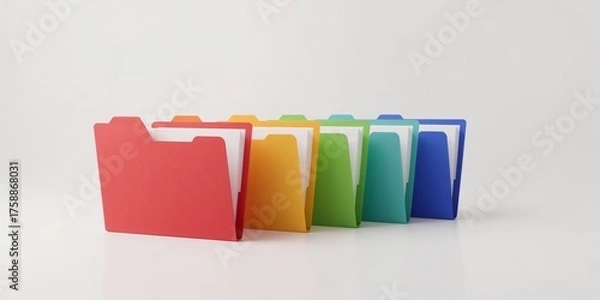 Obraz Illustration of colorful file folders isolated on white background in a row, organization concept