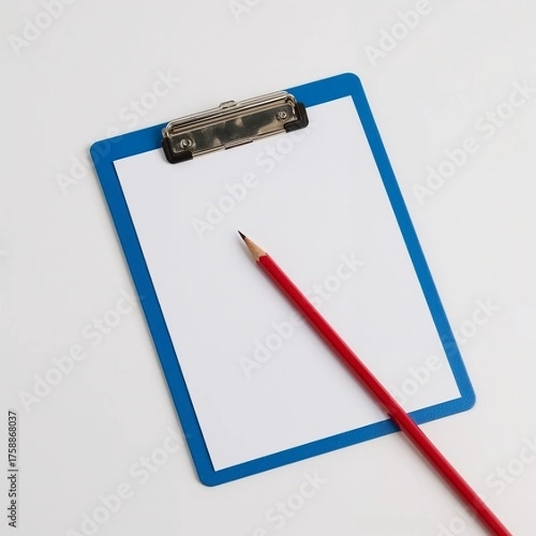 Obraz Illustration of clipboard with blank paper and red pencil isolated on white background