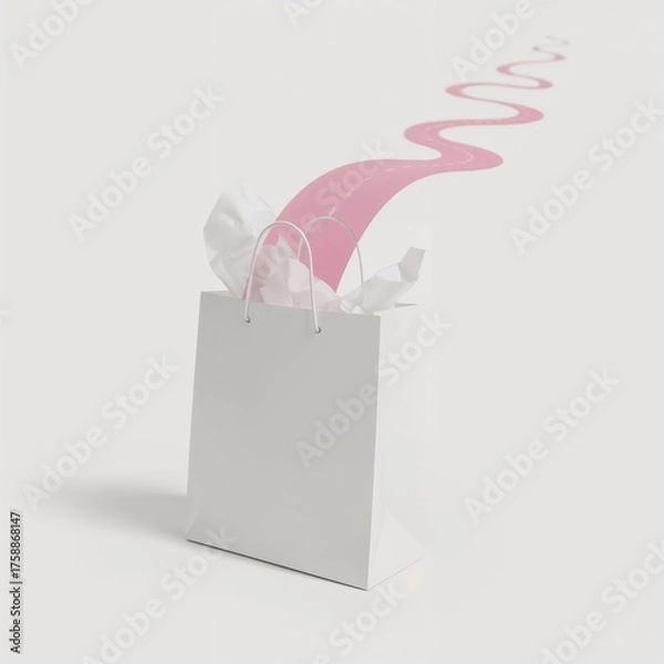 Obraz Illustration of white shopping bag with pink ribbon isolated on white background
