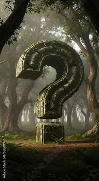 Fototapeta A weathered, mossy question mark stands sentinel in a misty forest, shrouded in mystery.