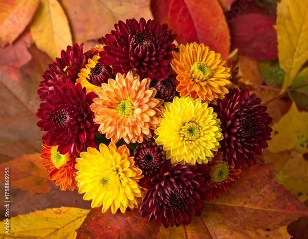 Fototapeta Vibrant bouquet of autumn flowers resting on colorful leaves