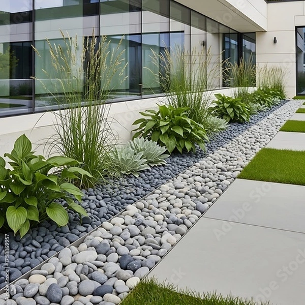 Fototapeta Modern landscaping design with varying shades of stones and lush greenery, creating a peaceful outdoor space against a contemporary building backdrop.