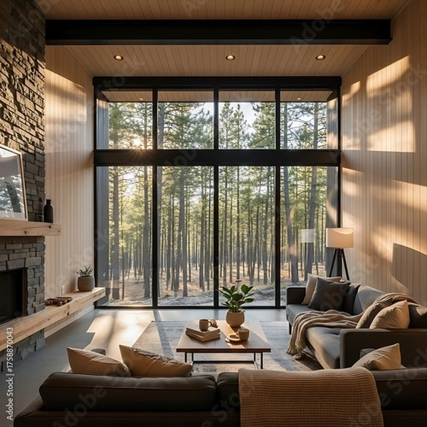 Fototapeta A spacious living room, bathed in natural light, showcases panoramic views of a pine forest, featuring modern furnishings and minimalist design.