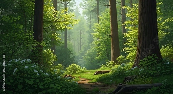 Fototapeta A sun-drenched forest path winds through tall trees, bathed in soft morning light, showcasing vibrant greens and gentle hues.