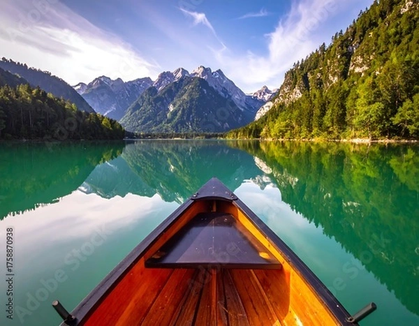 Fototapeta View from a boat on a serene lake reflecting mountains