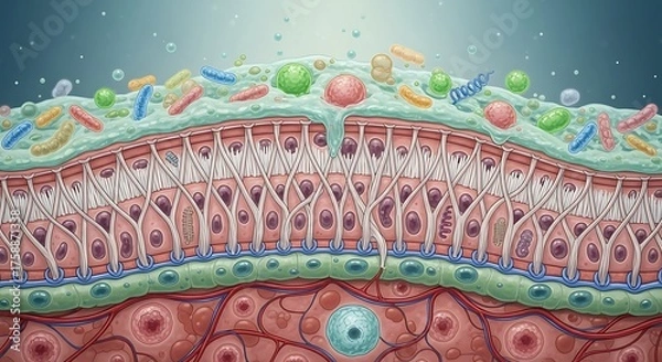 Fototapeta Detailed cross-section illustration of a biological tissue layer, showing intricate cellular structures and microorganism interactions.