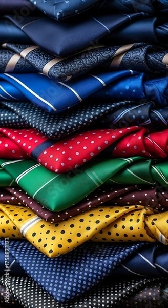 Fototapeta A stack of colorful patterned neckties in various designs and hues, showcasing a vibrant array of textures and prints.