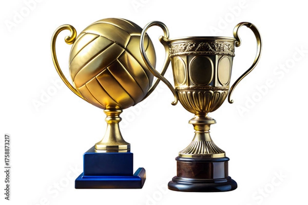 Obraz Golden trophies, one with a sports ball and one a classic cup, stand isolated on a white background, symbolizing triumph, excellence, and achievement in competition