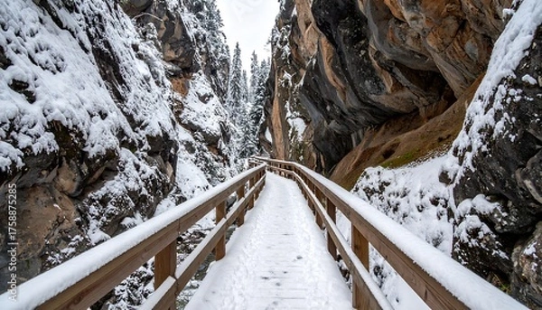 Fototapeta A snow-covered wooden walkway leads through a narrow canyon with sheer rock walls and evergreen trees in the distance