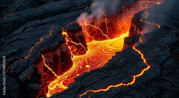Fototapeta Molten lava flows through a rugged volcanic landscape, creating a stunning display of fiery energy.