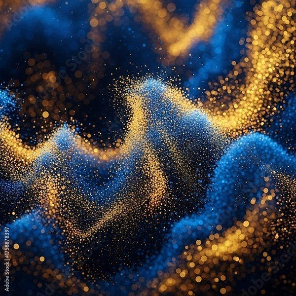 Fototapeta Abstract digital illustration featuring swirling patterns of golden and blue particles against a dark background.