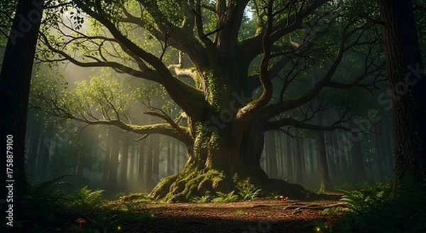 Fototapeta Majestic old-growth forest bathed in morning light, showcasing a towering tree with intricate branches and roots.