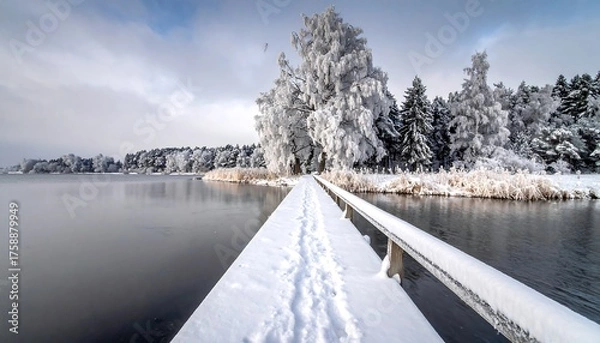 Fototapeta A snowy lakeside pier extends to frozen trees. Winter landscape features a dark, reflective lake with a clouded sky and distant treeline