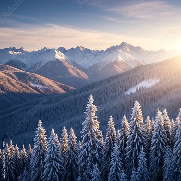 Fototapeta A breathtaking winter scene showcases snow-covered pine trees rising against a backdrop of majestic, snow-capped mountains bathed in the golden light of sunrise.