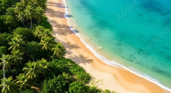 Fototapeta Lush tropical vegetation borders a pristine, golden-sand beach, where turquoise water gently laps the shore.  A high-angle view captures the serene beauty of a secluded paradise.
