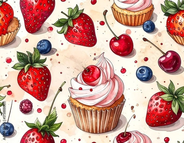 Fototapeta Watercolor-style illustration with assorted berries and cupcakes