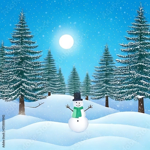 Fototapeta A snowy landscape features a cheerful snowman with a black top hat and green scarf in front of tall evergreen trees and a bright sun