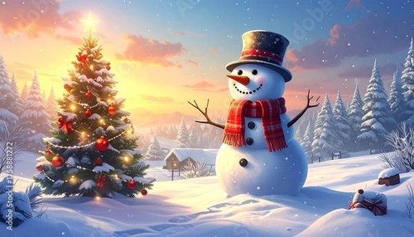 Fototapeta A snowy landscape features a decorated Christmas tree, a jolly snowman, and a cabin, bathed in the warm glow of a winter sunset