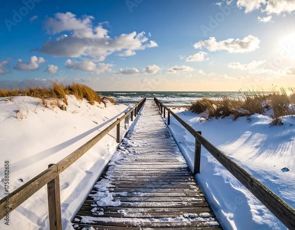 Fototapeta Winter beach scene of a boardwalk leading toward the ocean, sunny sky