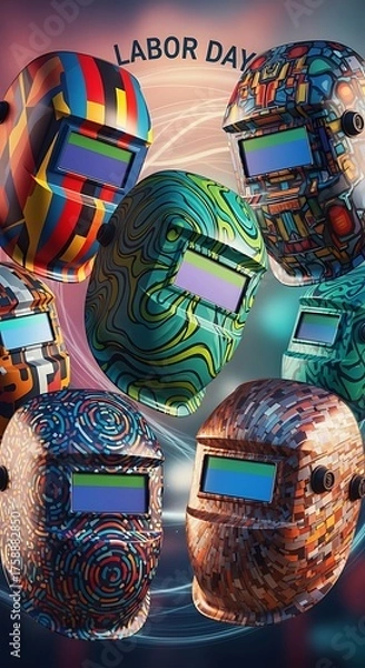 Fototapeta Vibrant welding helmets showcasing artistic designs in a festive display.