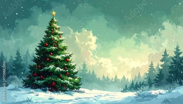 Fototapeta A snowy landscape with a decorated Christmas tree. Evergreen trees stand in the distance under a cloudy, softly lit sky with falling snow