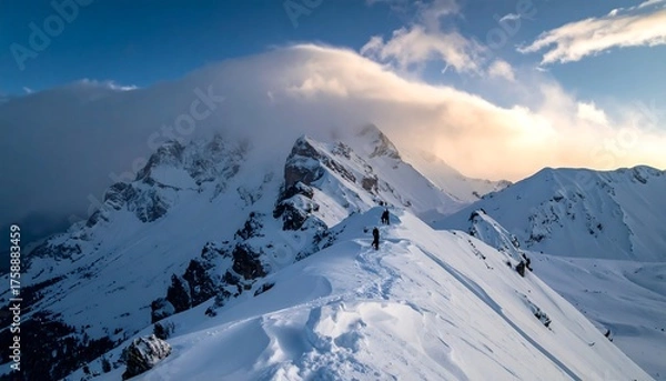 Fototapeta A snowy mountain range at dusk, with a few figures traversing a ridge and clouds blanketing the peaks. Dramatic skies
